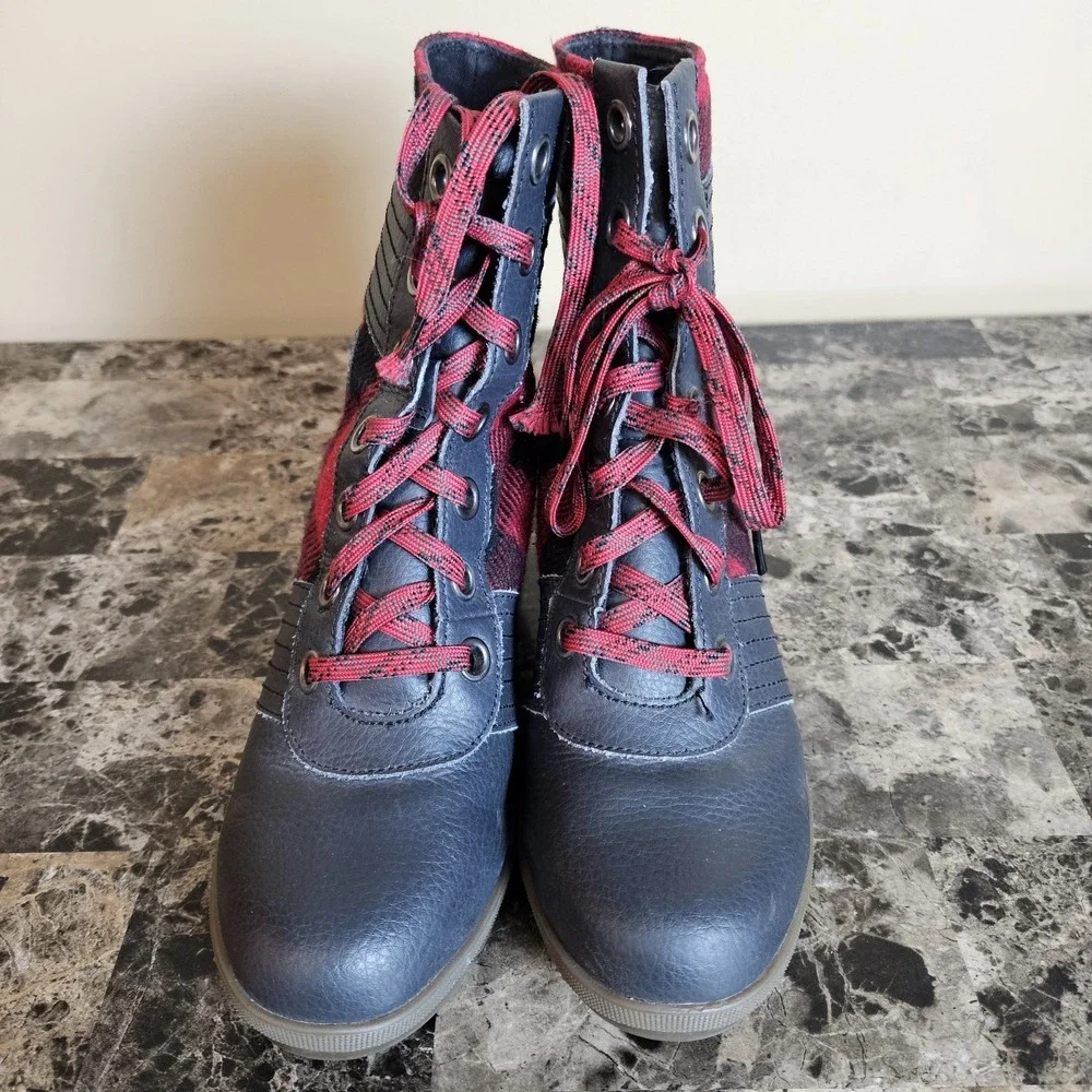 Sorel Joan of Arctic Wedge II‎ Buffalo Plaid Boots Red Black Women's 5 EUR 37